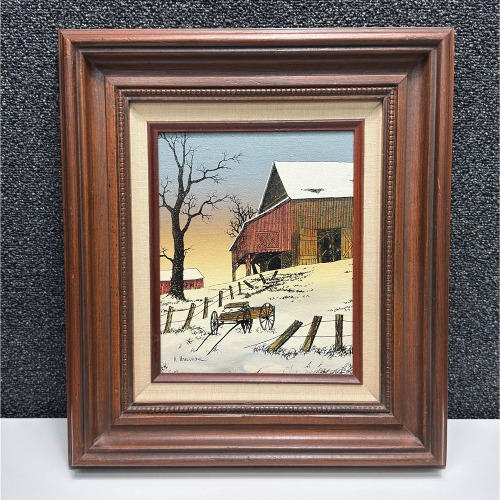 Vtg H. Hargrove Signed Winter Barn Serigraph on Canvas Framed Farm Snow‎ Wagon